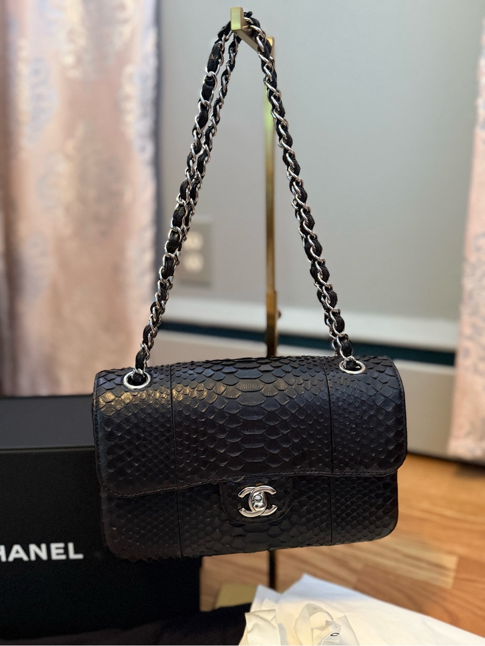 CHANEL Black Quilted Python  Shoulder Bag